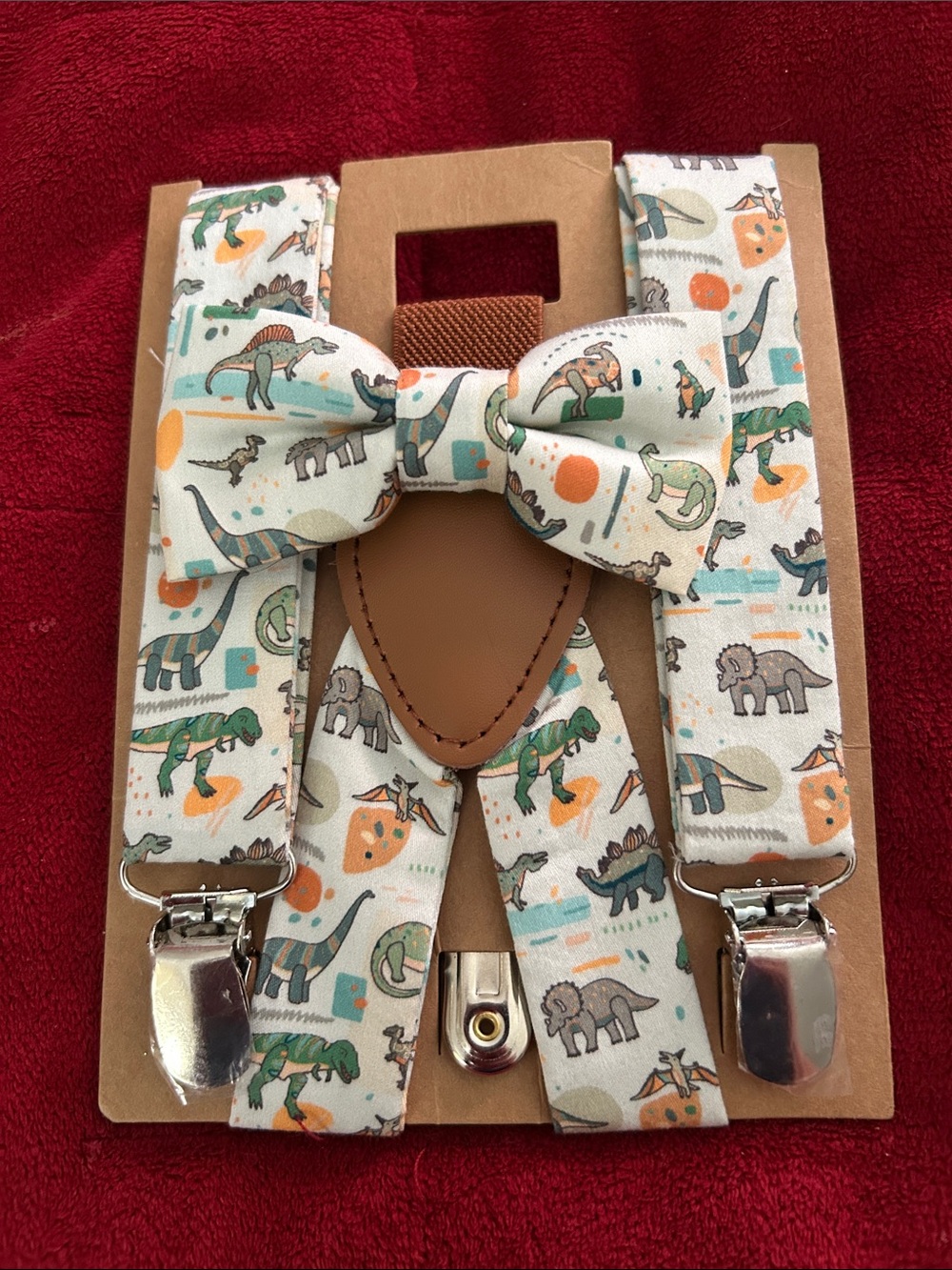 Dinosaur Print Kids Bow Tie and Suspenders Set - Cream/Green/Orange